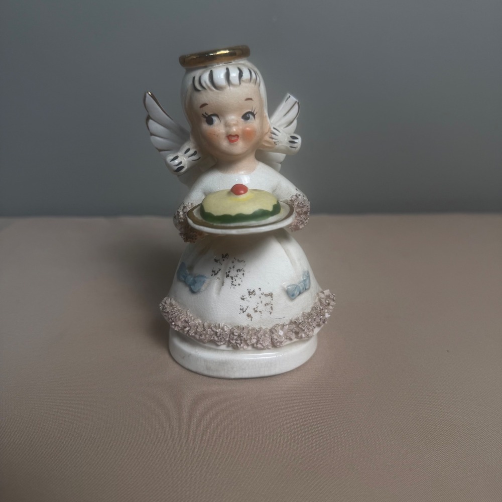 Vintage Lefton May Birthday Angel Figurine Cake Hand Painted Japan MCM Kitsch